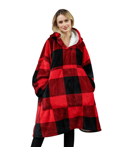 Oversized Giant Blanket Hoodie Red/Black Large Checker